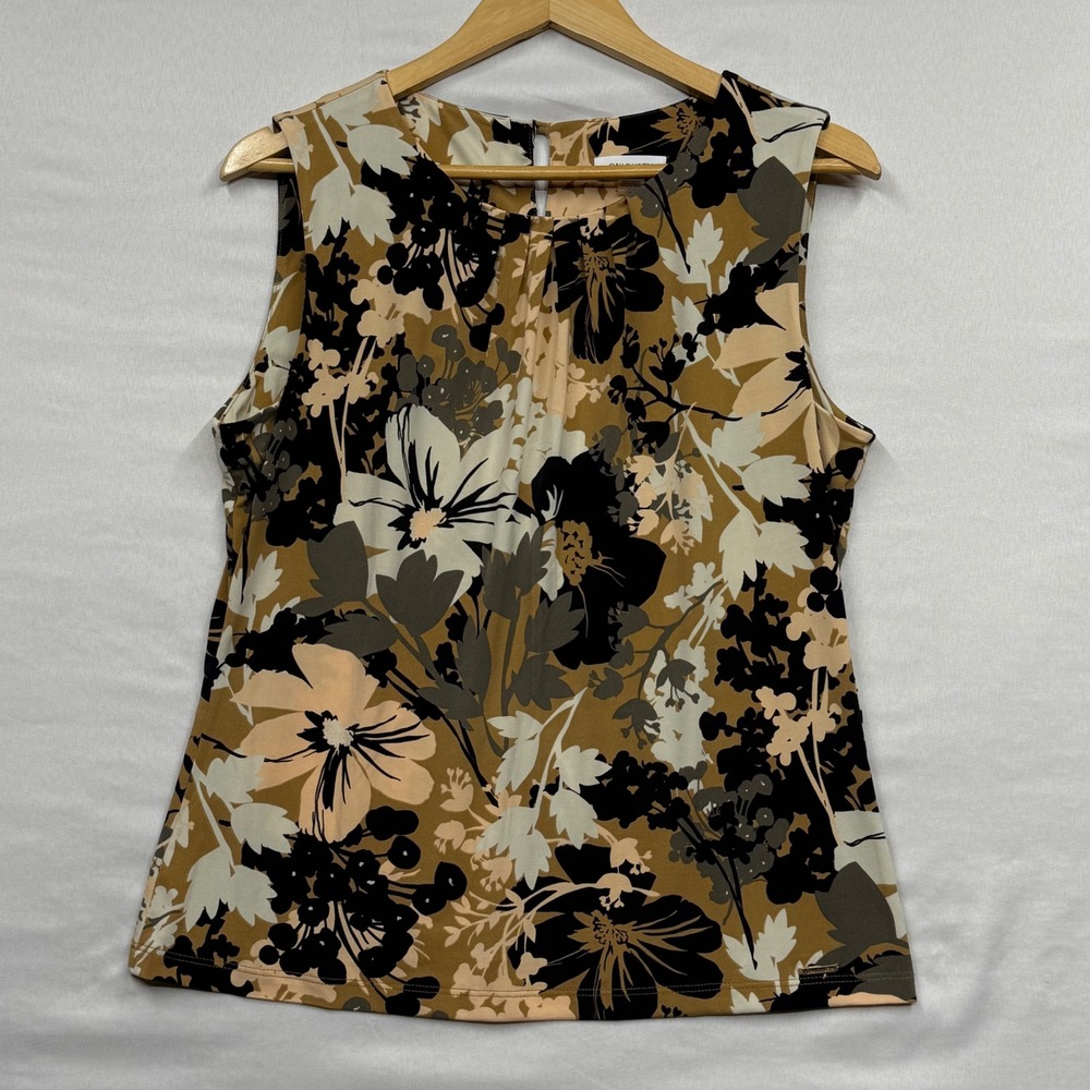 Calvin Klein‎ Sleeveless Floral Print Pleated Neck Top Women's Size L G G - Picture 2 of 10